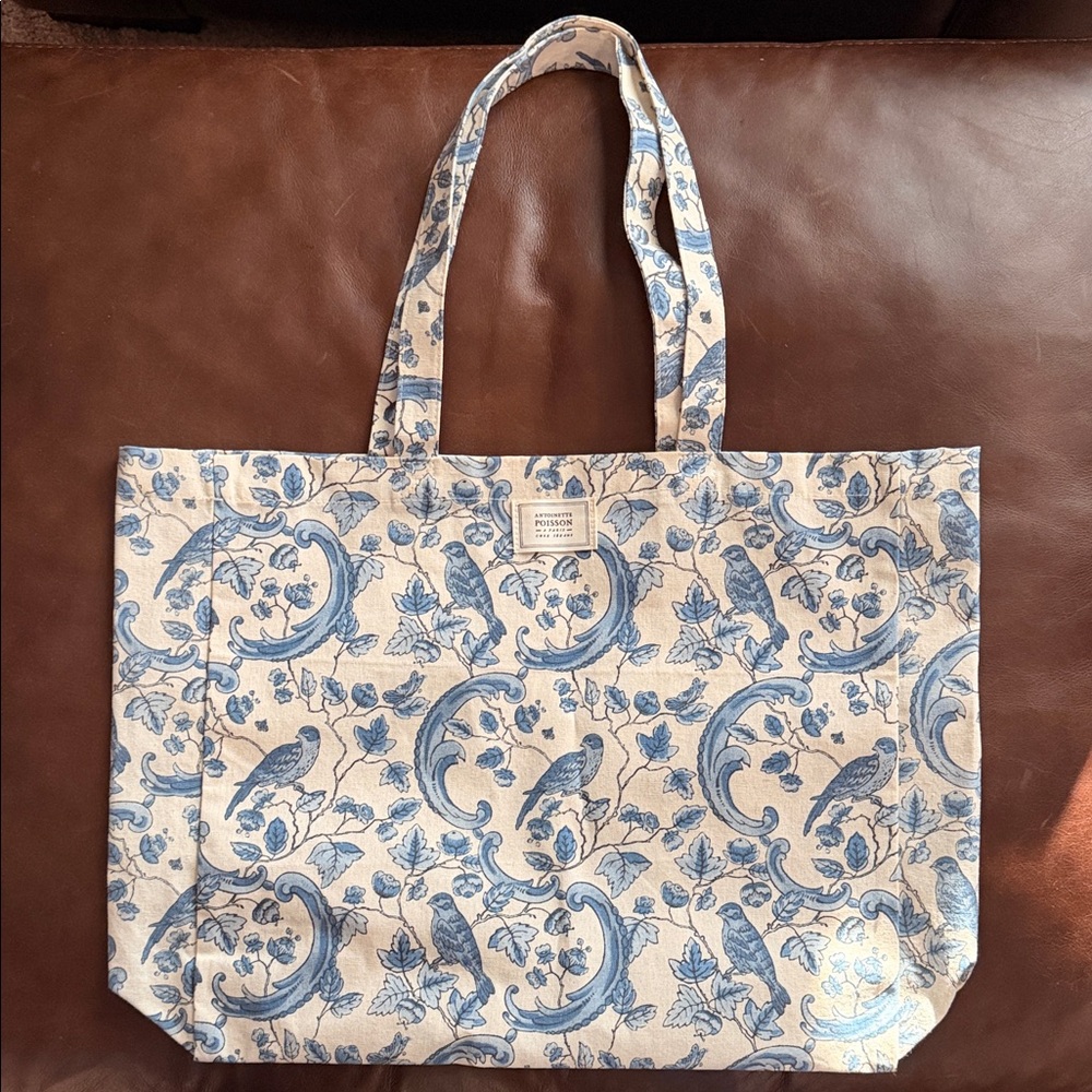 Sezane x Antionette Poisson Blue and Cream Patterned Canvas Tote Bag